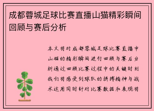 成都蓉城足球比赛直播山猫精彩瞬间回顾与赛后分析